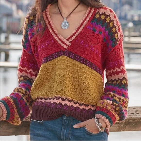 Free Shipping Cyber Monday Sundance Wool-Blend Senga Multi-Color V-Neck Sweater - Picture 1 of 6
